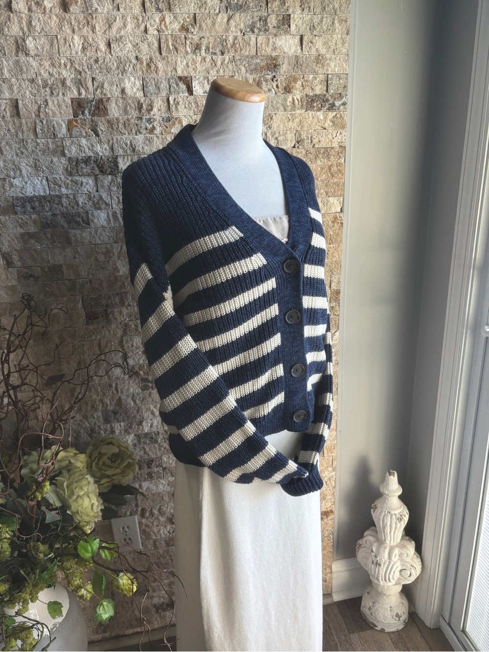 GAP Navy and Cream Striped Button Front Cardigan